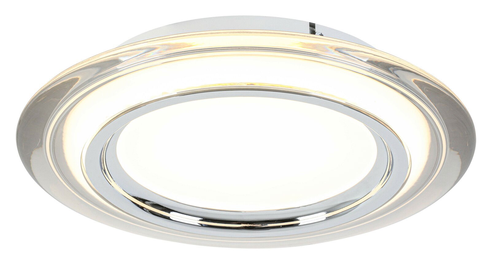 Runde LED-Deckenleuchte in Chromoptik, von unten betrachtet