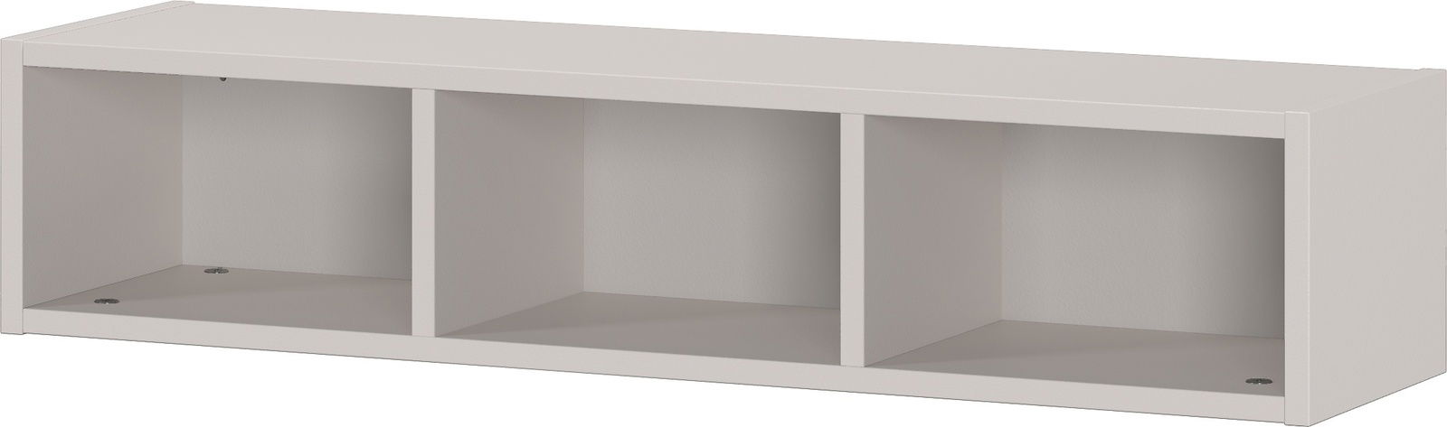 Weißes Unterstell-Wandregal mit drei offenen Fächern, seitliche Perspektive