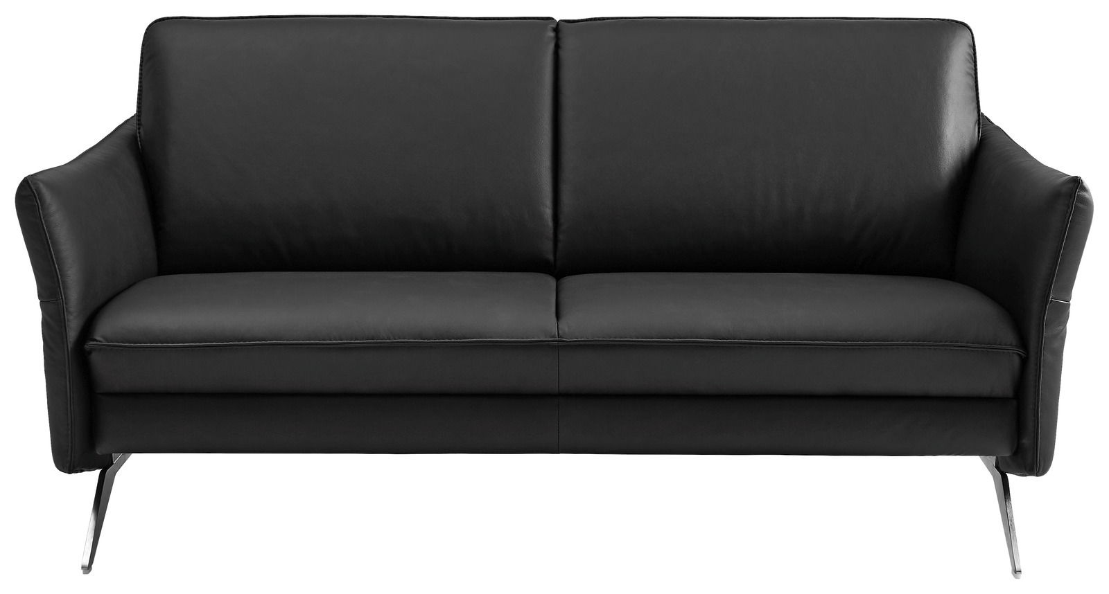 Schwarzes Ledersofa, 2-Sitzer, frontal fotografiert mit schlanken Metallfüßen.