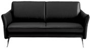 Schwarzes Ledersofa, 2-Sitzer, frontal fotografiert mit schlanken Metallfüßen.