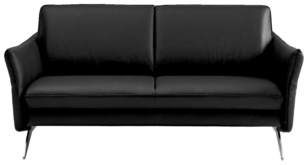 Schwarzes Ledersofa, 2-Sitzer, frontal fotografiert mit schlanken Metallfüßen.