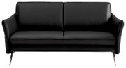 Schwarzes Ledersofa, 2-Sitzer, frontal fotografiert mit schlanken Metallfüßen.