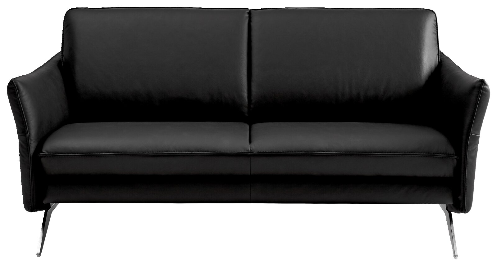 Schwarzes Ledersofa, 2-Sitzer, frontal fotografiert mit schlanken Metallfüßen.
