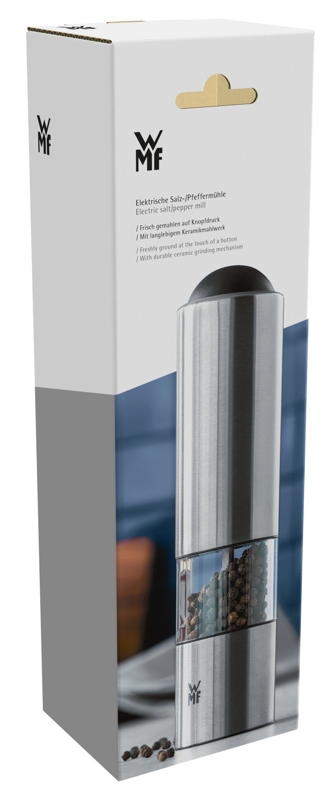 Elektrische Salz- und Pfeffermühle in eleganter Verpackung, Vorderansicht
