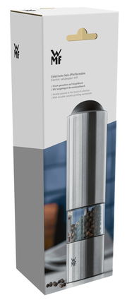 Elektrische Salz- und Pfeffermühle in eleganter Verpackung, Vorderansicht