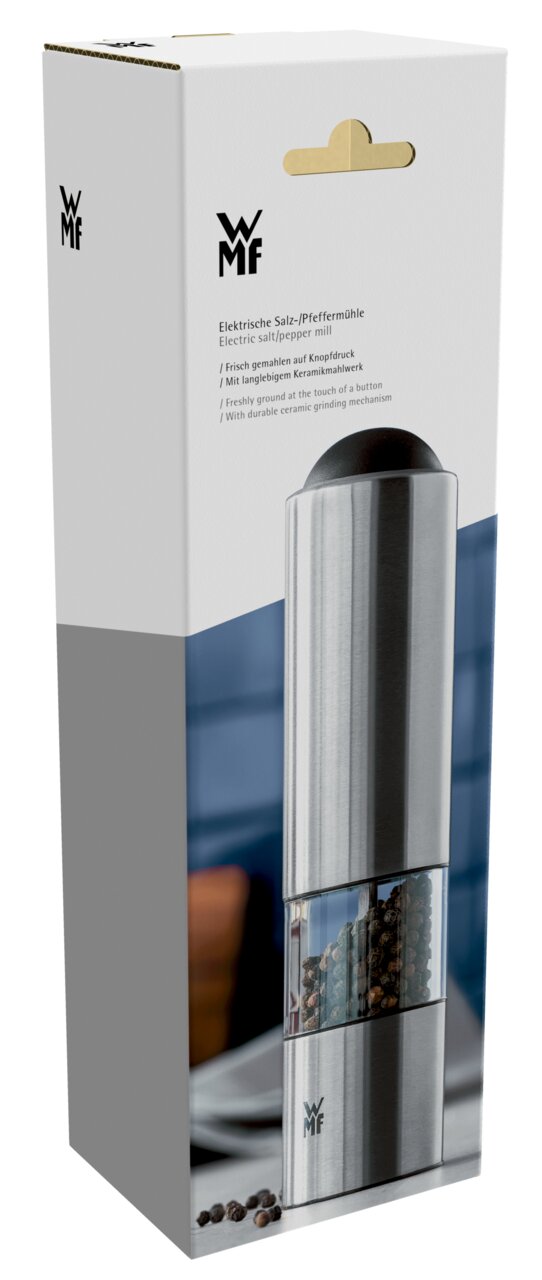 Elektrische Salz- und Pfeffermühle in eleganter Verpackung, Vorderansicht