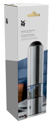 Elektrische Salz- und Pfeffermühle in eleganter Verpackung, Vorderansicht