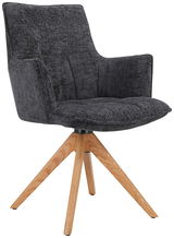 Moderner Sessel mit grauem Stoffbezug und Holzbeinen, seitliche Perspektive