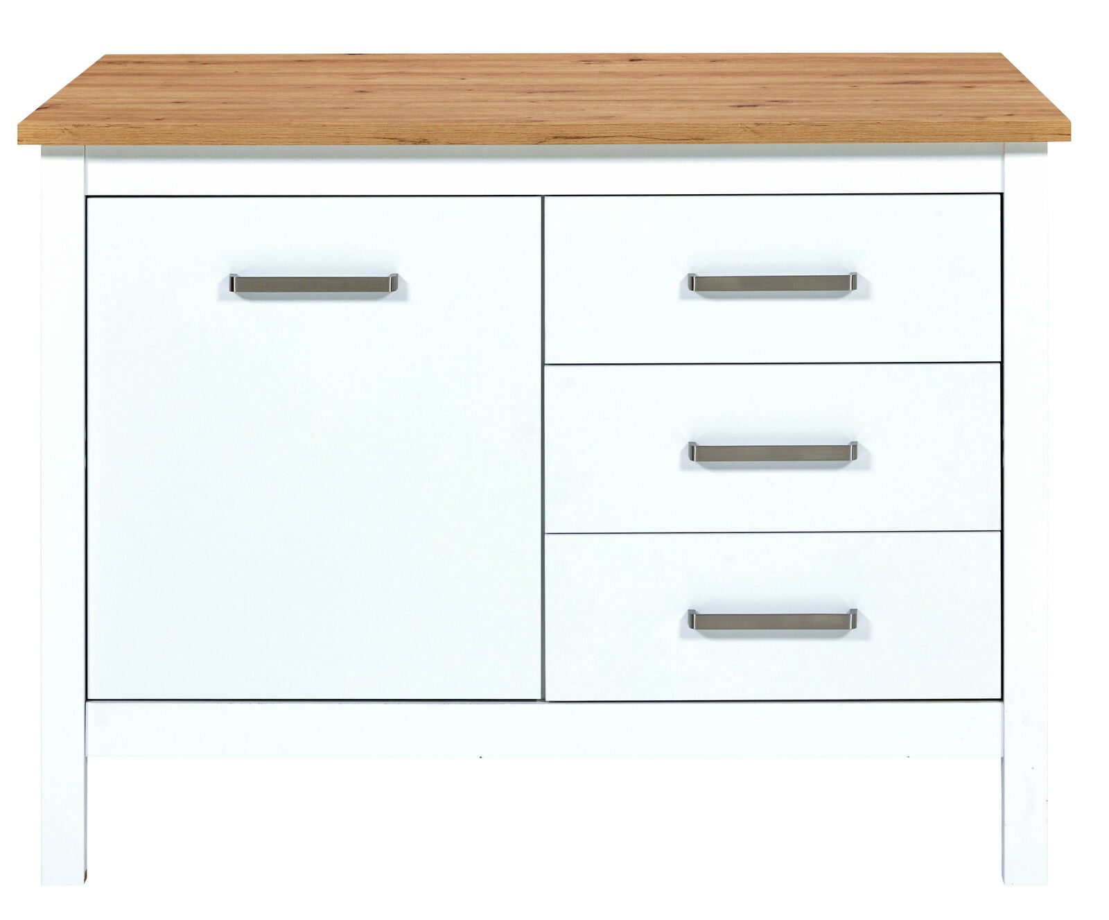 Kücheninsel mit weißem Korpus, drei Schubladen und einer Tür, sowie einer Holzarbeitsplatte, Frontalansicht