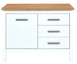 Kücheninsel mit weißem Korpus, drei Schubladen und einer Tür, sowie einer Holzarbeitsplatte, Frontalansicht