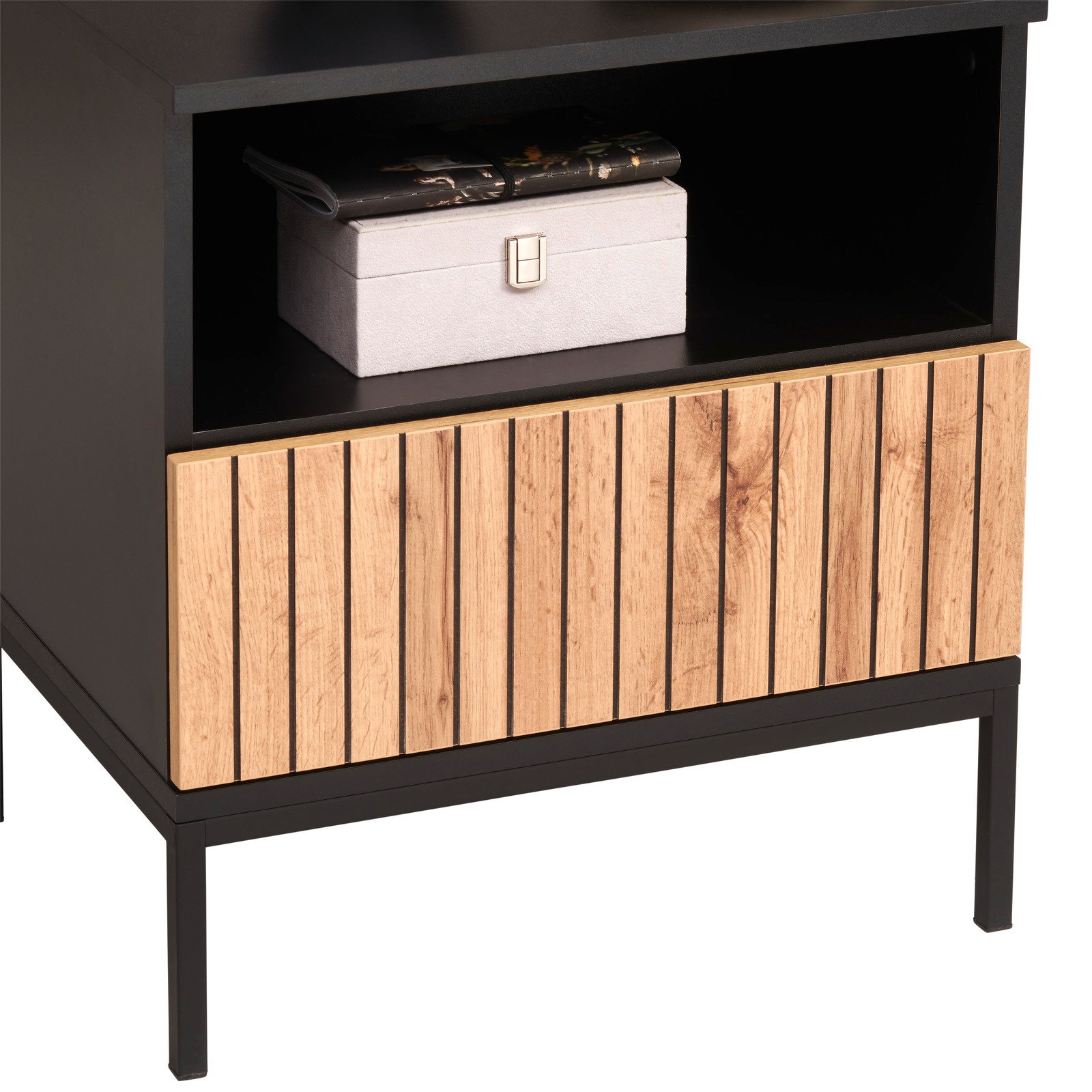 Nachtkommode mit schwarzem Korpus und Holzfront, seitliche Perspektive