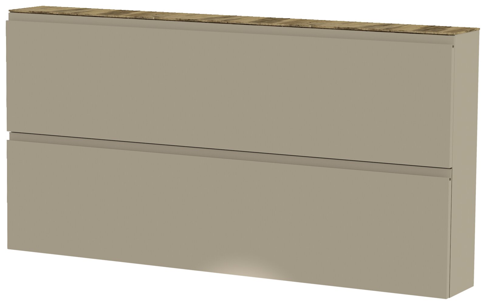 XL-hangende schoenenkast 2K-T22 in zijaanzicht, tweevoudig ingedeeld met een glad oppervlak en een houten bovenblad.