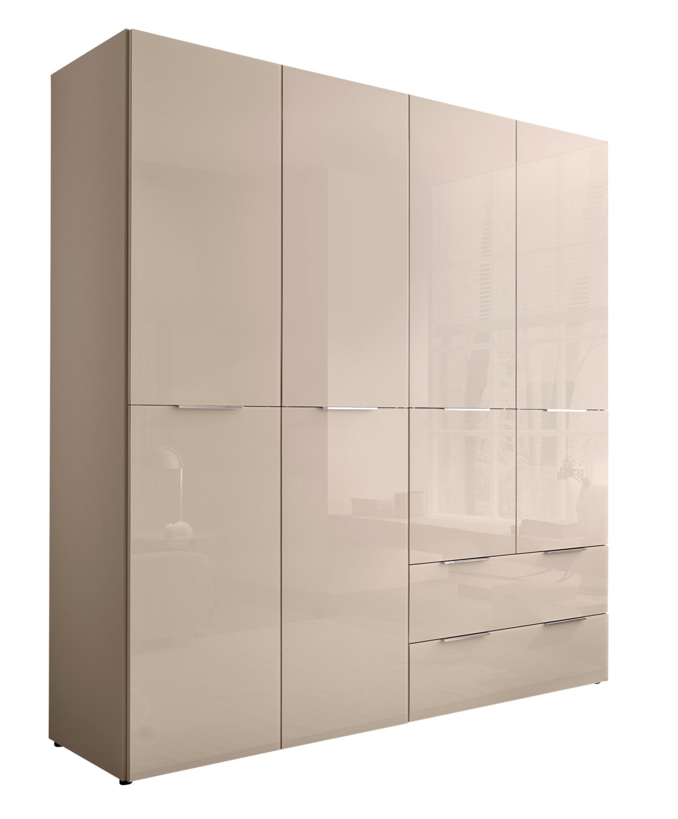 BOXXX Drehtürenschrank SANTORINI Großer Kleiderschrank in Hochglanz-Beige mit mehreren Türen und Schubladen, seitlich schräg von vorne links fotografiert