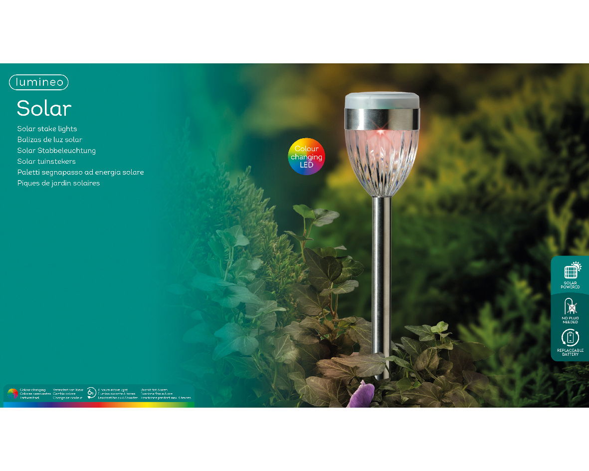 Solar Stabbeleuchtung mit Farbwechsel-LED, in einem Garten platziert, seitliche Perspektive