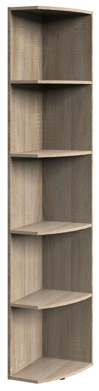 Eckregal aus Holz mit fünf offenen Fächern, perspektivisch von vorne rechts gesehen.