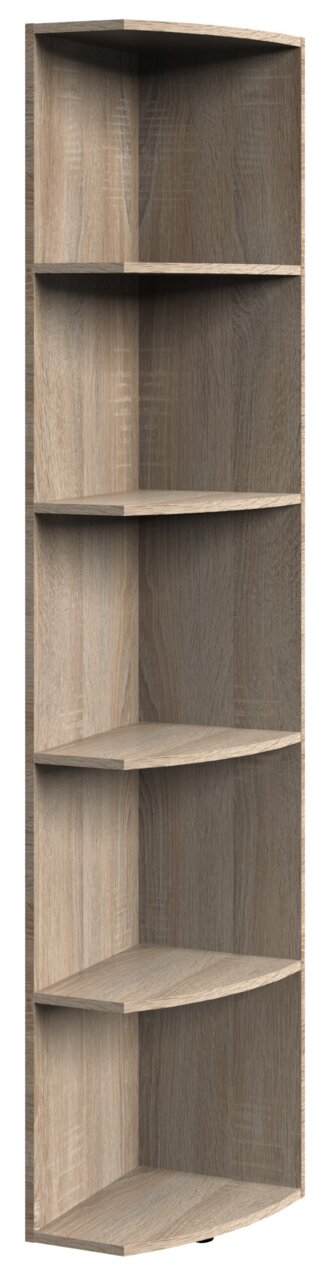Eckregal aus Holz mit fünf offenen Fächern, perspektivisch von vorne rechts gesehen.