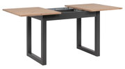 Moderne eettafel met uitschuifbaar houten blad en zwart metalen onderstel, zijaanzicht