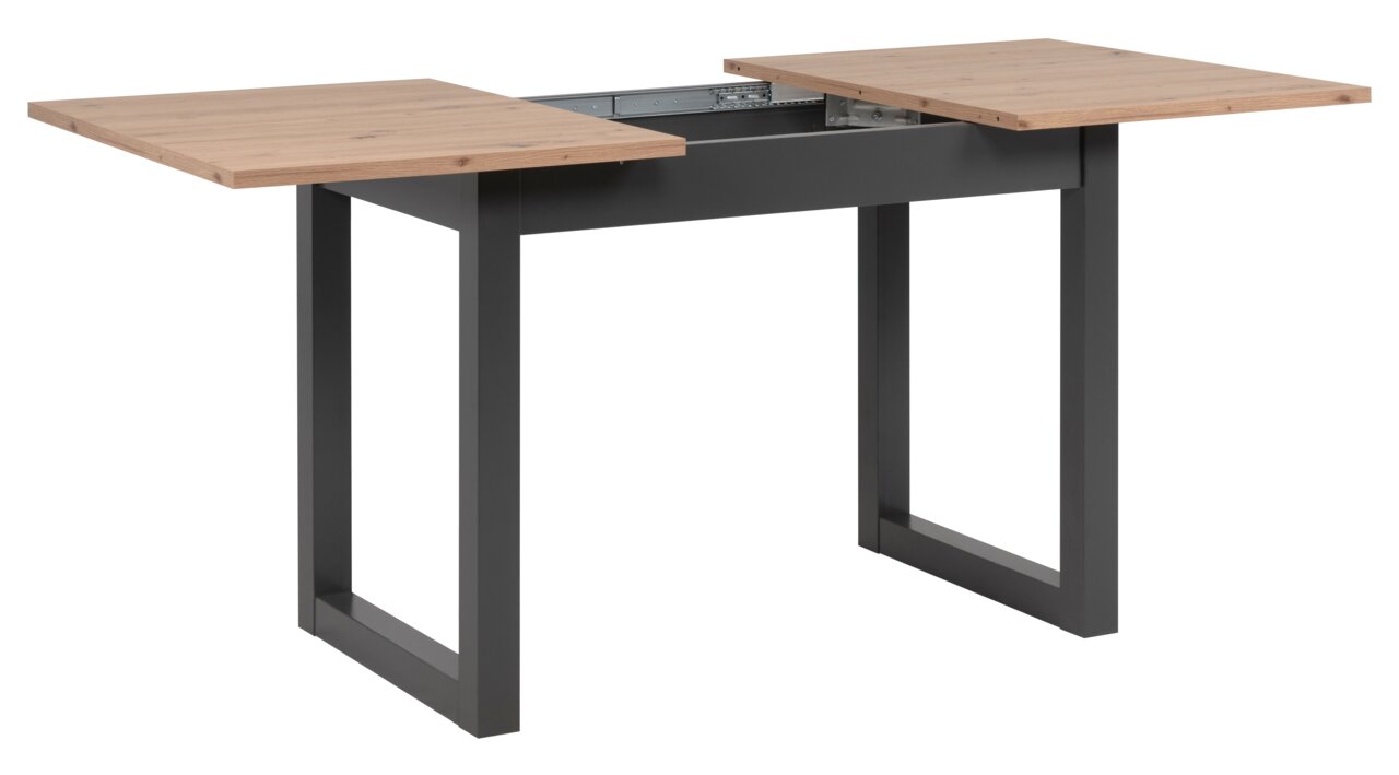 Moderne eettafel met uitschuifbaar houten blad en zwart metalen onderstel, zijaanzicht