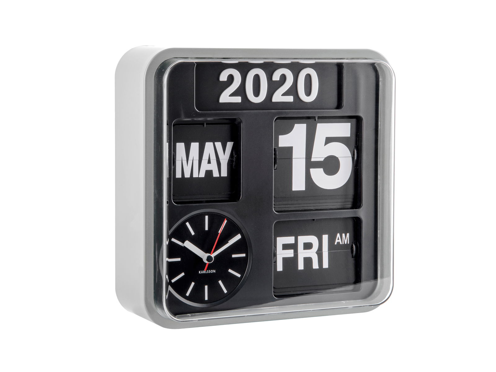 Mini Flip Uhr mit Kalender, zeigt das Datum 15. Mai 2020 und den Wochentag Freitag an, mit einer analogen Uhr unten links, seitliche Perspektive