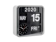 Mini Flip Uhr mit Kalender, zeigt das Datum 15. Mai 2020 und den Wochentag Freitag an, mit einer analogen Uhr unten links, seitliche Perspektive