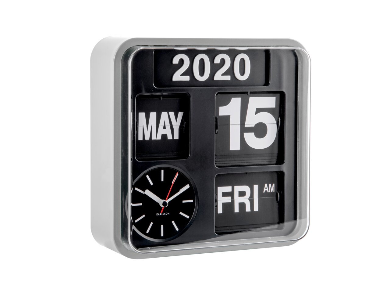 Mini Flip Uhr mit Kalender, zeigt das Datum 15. Mai 2020 und den Wochentag Freitag an, mit einer analogen Uhr unten links, seitliche Perspektive