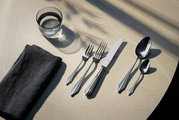 Elegante bestekset met vorken, messen en lepels op een tafel, gezien vanaf de zijkant.