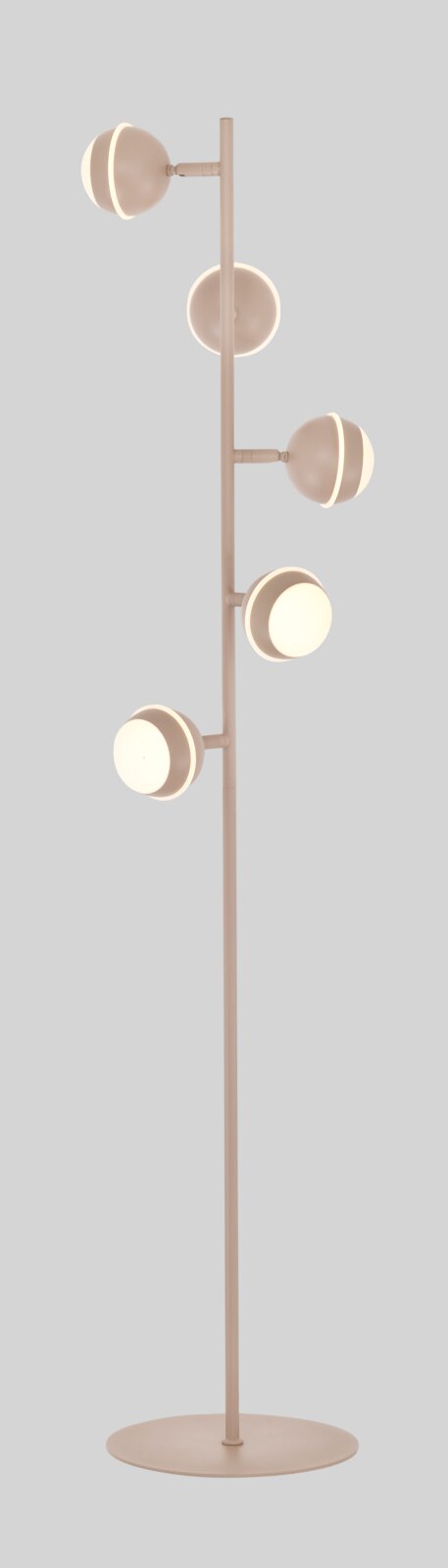 Vooraanzicht van een moderne lichtroze vloerlamp met slanke standaard, ronde voet en vijf bolvormige, warm verlichte lampenkappen.