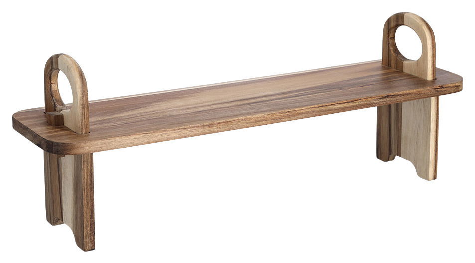 Servierbrett aus Akazienholz mit Griffen, seitliche Perspektive