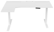 Weißer E-Schreibtisch Cantus CLAYTON in L-Form, frontal betrachtet, mit modernem Design und höhenverstellbaren Funktionen.