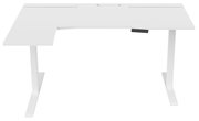 Weißer E-Schreibtisch Cantus CLAYTON in L-Form, frontal betrachtet, mit modernem Design und höhenverstellbaren Funktionen.
