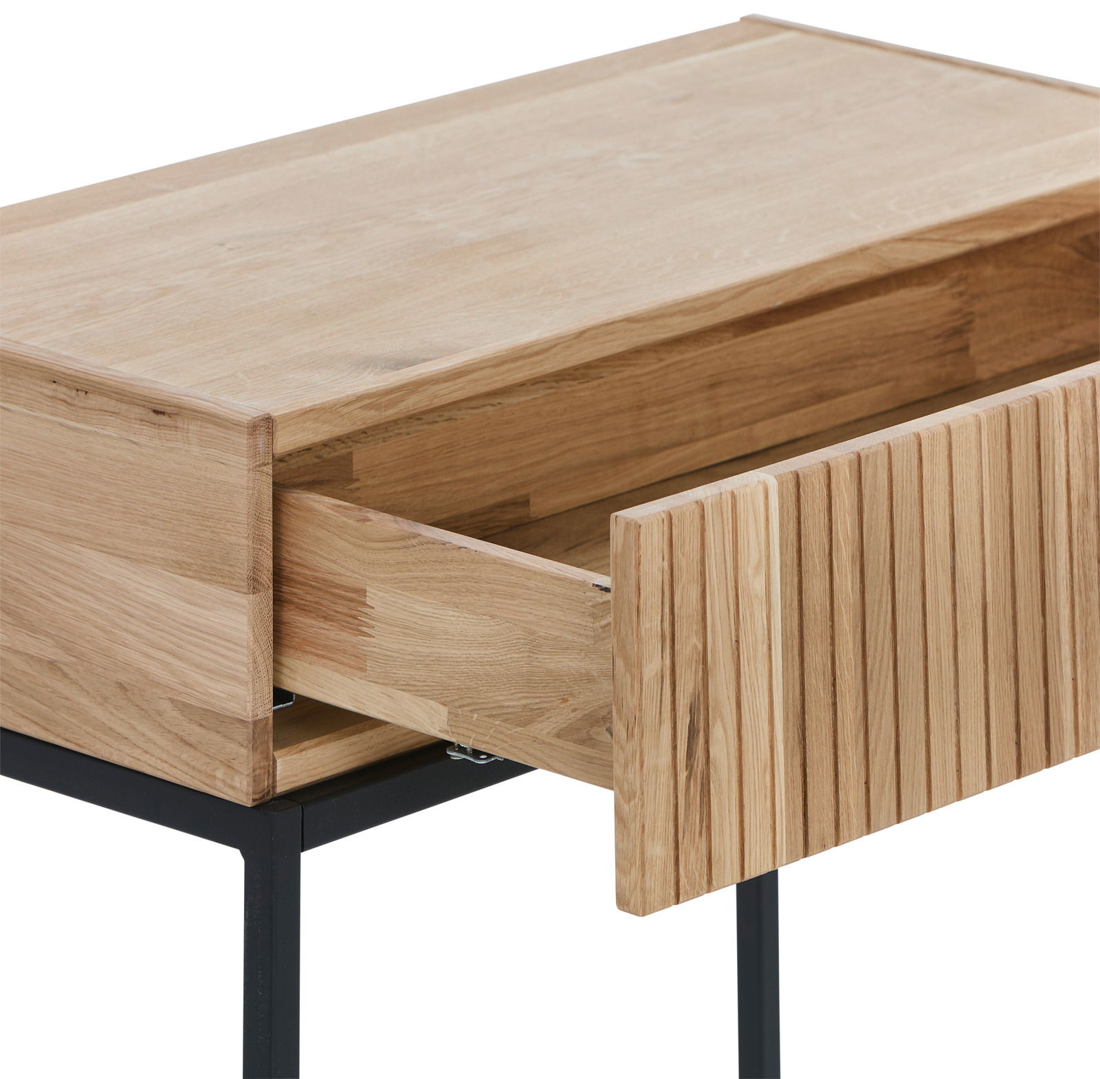 Holzkonsolentisch mit offener Schublade, seitliche Perspektive