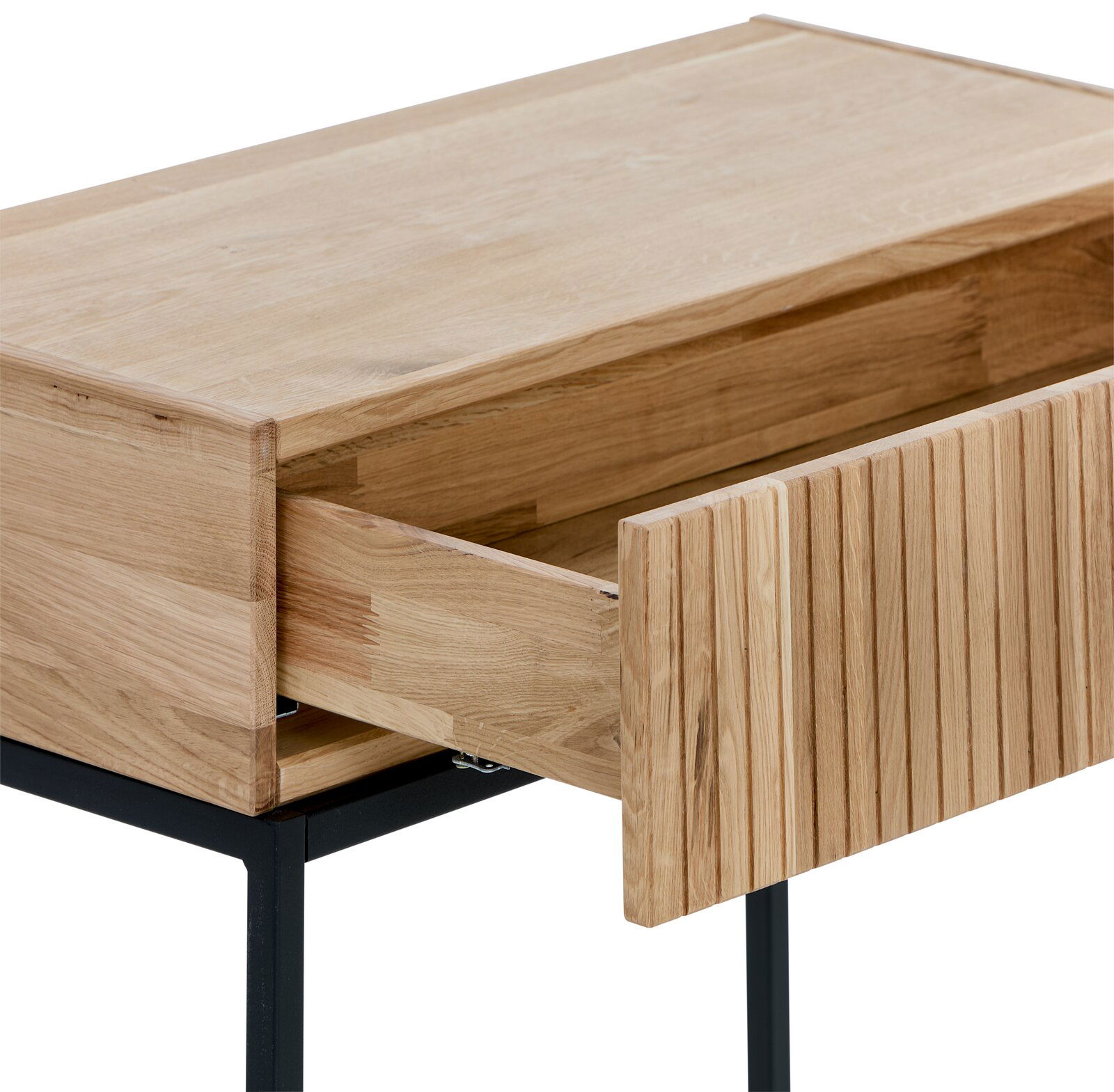 Holzkonsolentisch mit offener Schublade, seitliche Perspektive