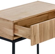 Holzkonsolentisch mit offener Schublade, seitliche Perspektive