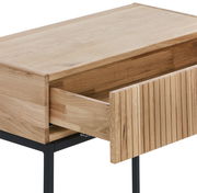 Holzkonsolentisch mit offener Schublade, seitliche Perspektive