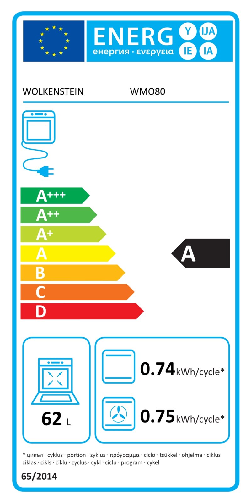 EU-Energielabel für Wolkenstein WM080 Backofen, Effizienzklasse A, 62 l, Verbrauch 0,74/0,75 kWh pro Zyklus, frontal dargestellt