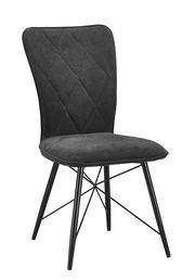 Moderner schwarzer Stuhl mit gepolsterter Sitzfläche und Rückenlehne, seitliche Perspektive