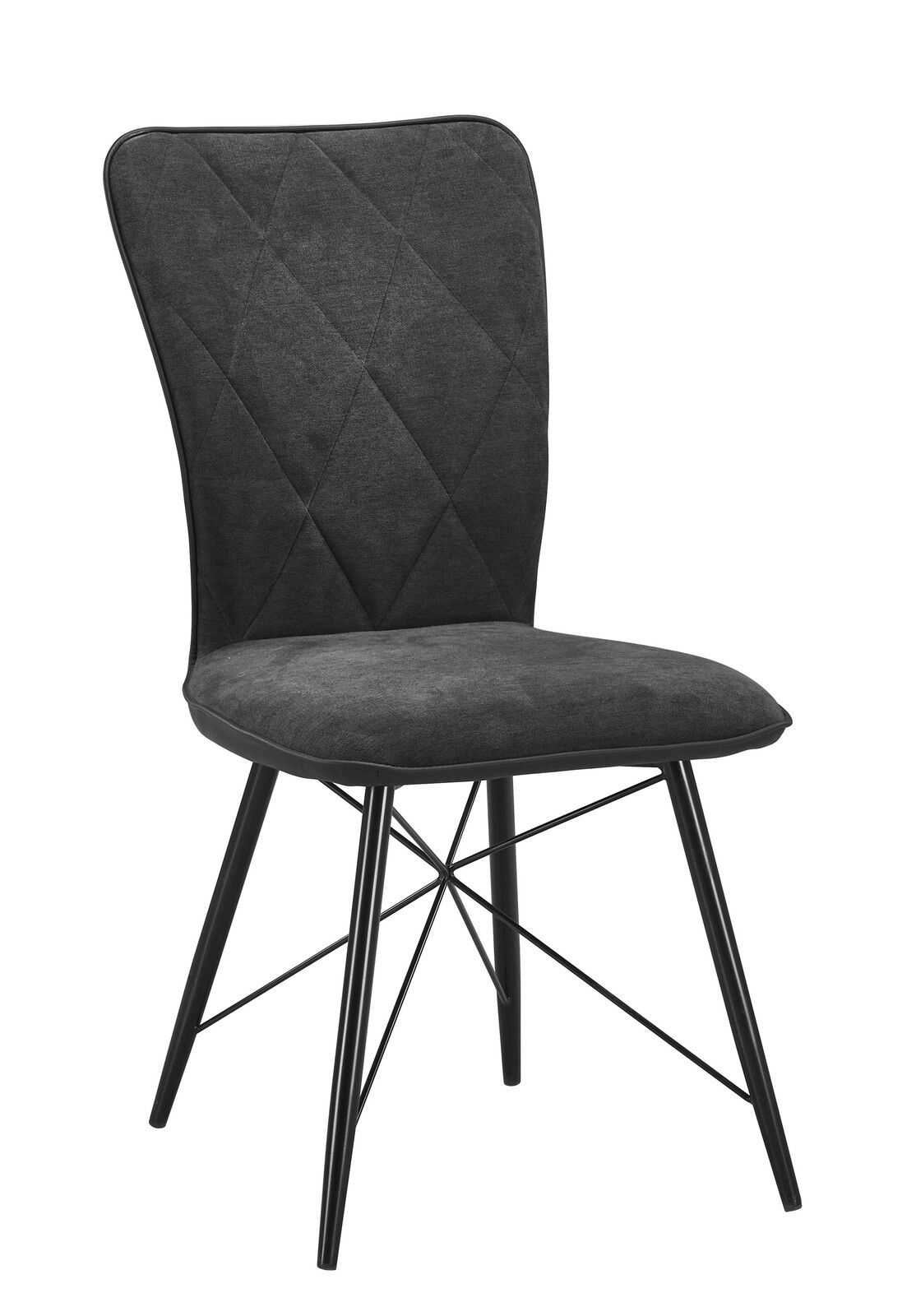 Moderner schwarzer Stuhl mit gepolsterter Sitzfläche und Rückenlehne, seitliche Perspektive