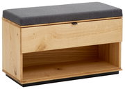 Garderobenbank aus Holz mit grauem Sitzpolster, seitliche Perspektive