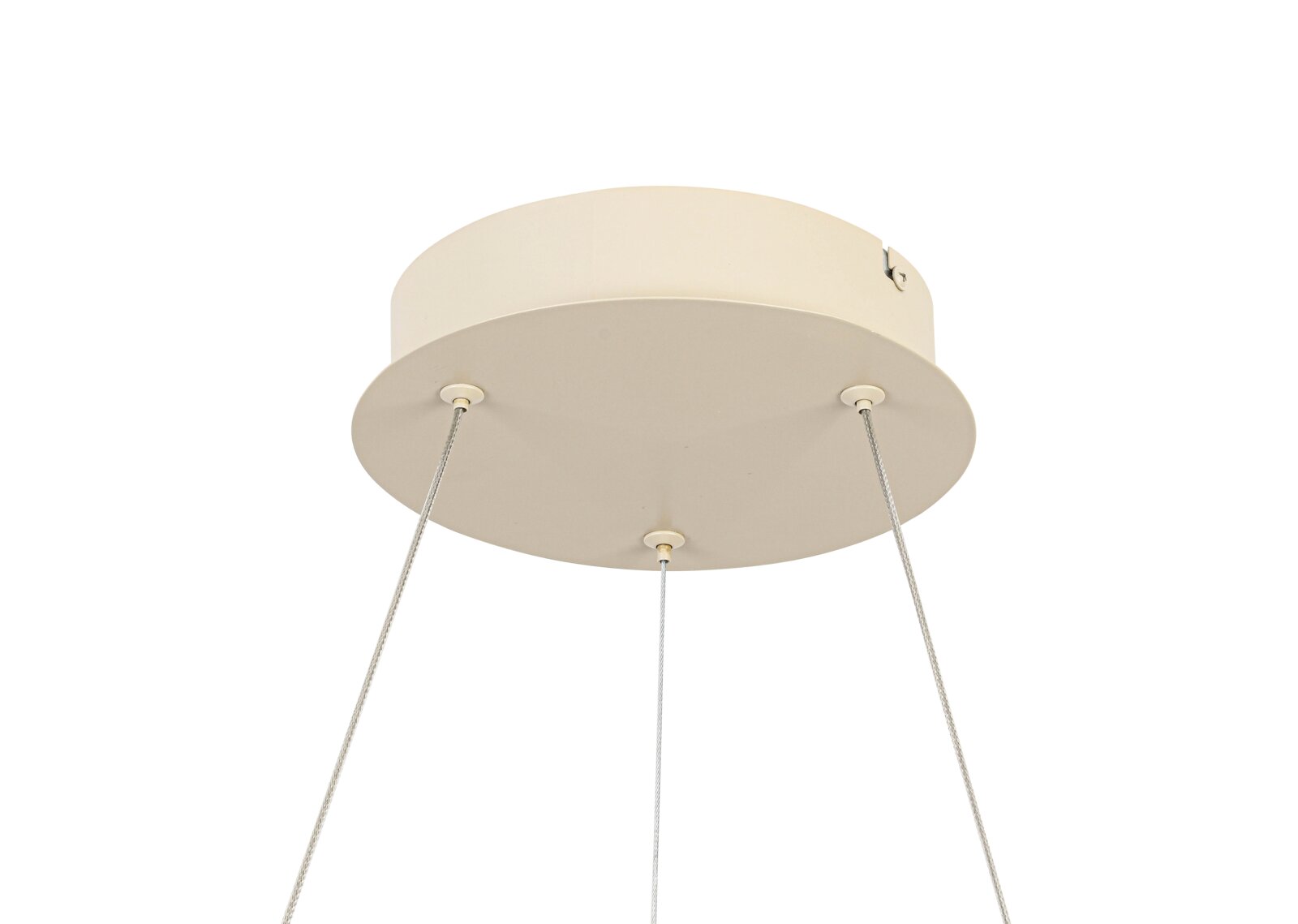 Aanzicht van bovenaf van een LED-hanglamp met een ronde, witte voet en drie ophangkabels.