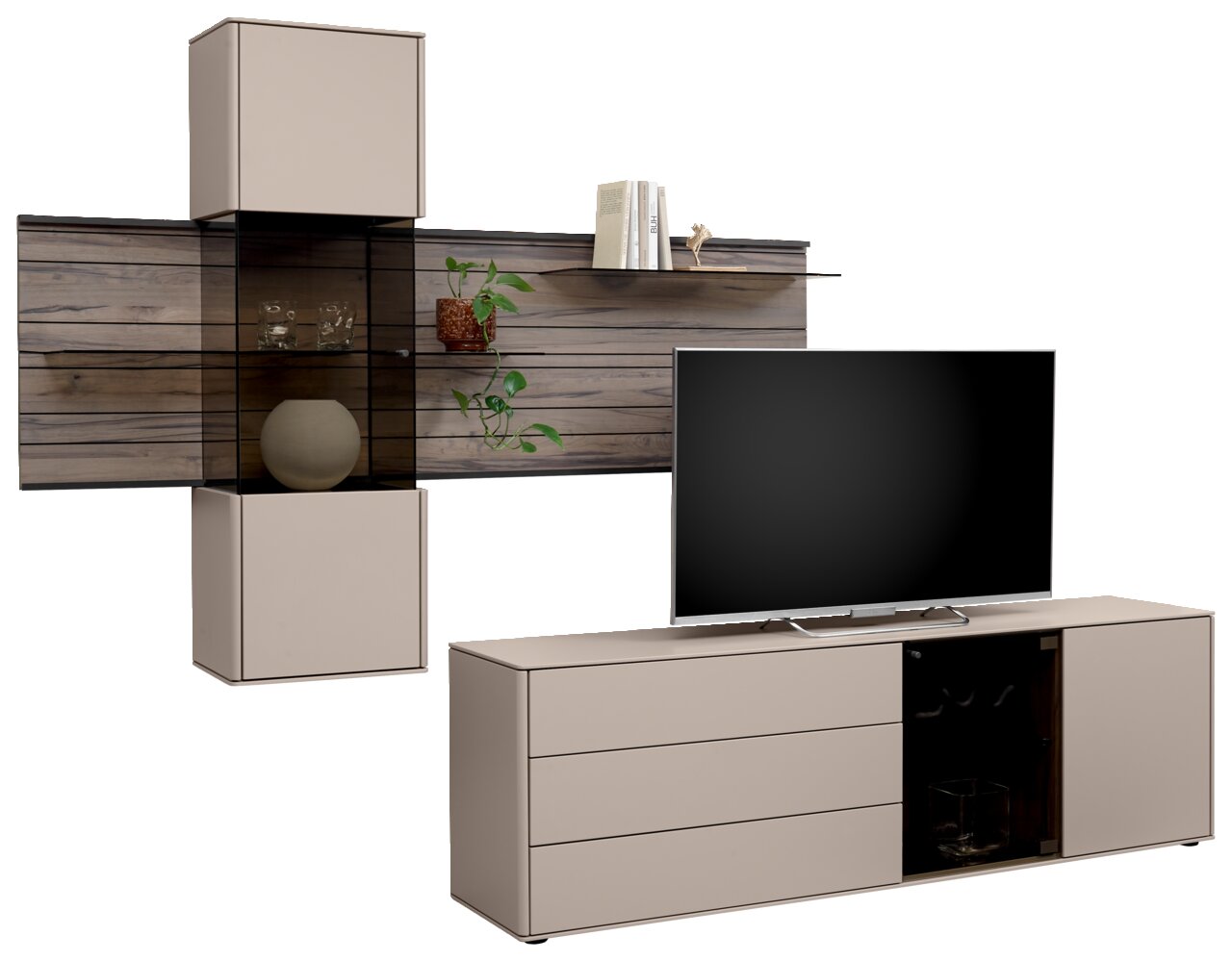 Johann Jakob Wandkombination LANDO Moderne Wandkombination mit TV-Schrank in Beige und Holzoptik, seitliche Perspektive