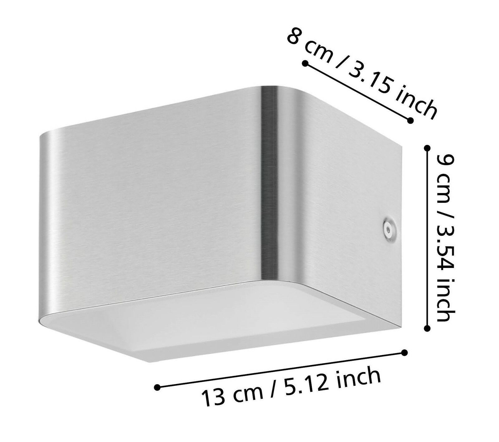 Moderne Wand- und Deckenleuchte SANIA 4 aus gebürstetem Metall, seitliche Perspektive, Maße: 13 cm x 9 cm x 8 cm.