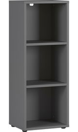 Graues Aktenregal mit drei offenen Fächern, frontal betrachtet.