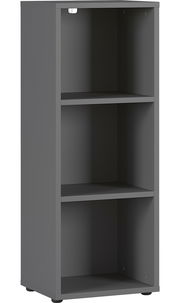 Graues Aktenregal mit drei offenen Fächern, frontal betrachtet.