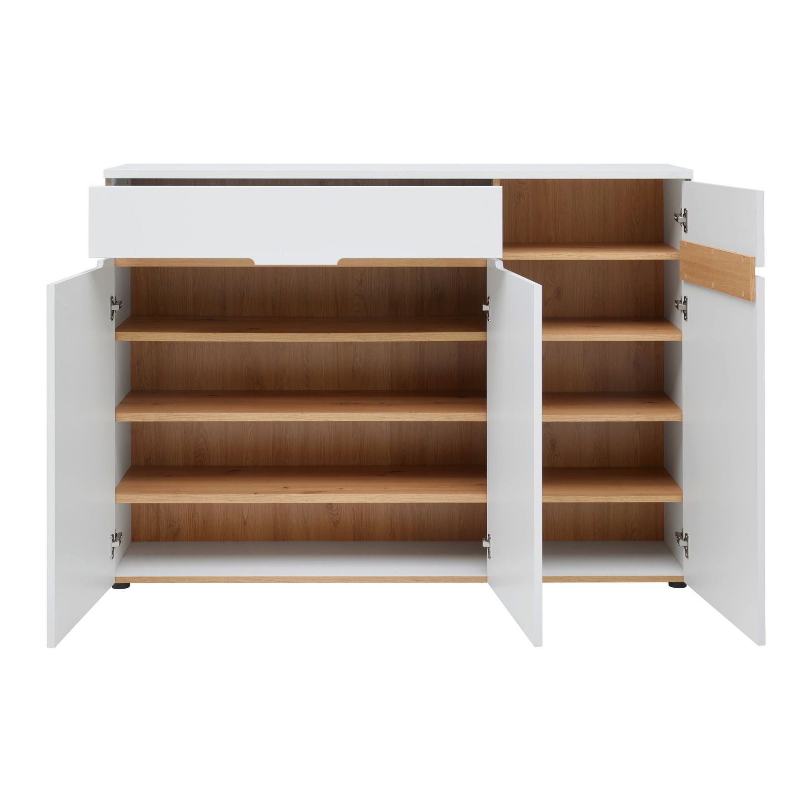 Weiße Kommode mit offenen Türen und Schublade, zeigt mehrere Holzregale, frontale Ansicht.