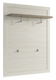 Garderobenpaneel aus hellem Holz mit Ablage und Haken, seitliche Perspektive