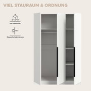 Weißer Kleiderschrank mit drei geöffneten Türen, Innenfächern und Kleiderstange, frontal aus leicht schräger Perspektive dargestellt; Hinweisgrafiken zu viel Stauraum und Kippschutzsicherung.
