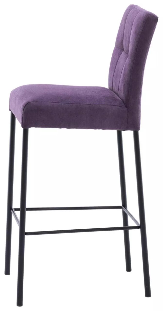 Lila Barhocker mit gepolsterter Rückenlehne und schwarzem Metallgestell, Seitenansicht