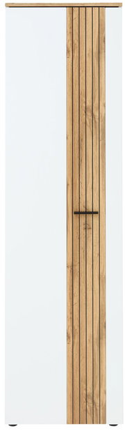 Frontansicht eines modernen Garderobenschranks mit weißer und holzfarbener Tür.