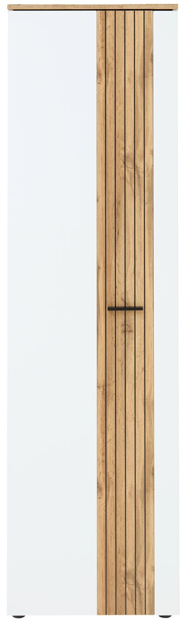 Frontansicht eines modernen Garderobenschranks mit weißer und holzfarbener Tür.