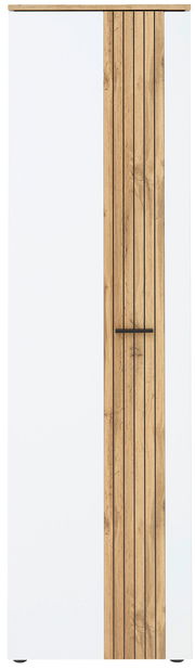 Frontansicht eines modernen Garderobenschranks mit weißer und holzfarbener Tür.